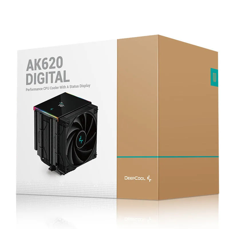 Black twin tower CPU air cooler with digital temperature display and dual fans