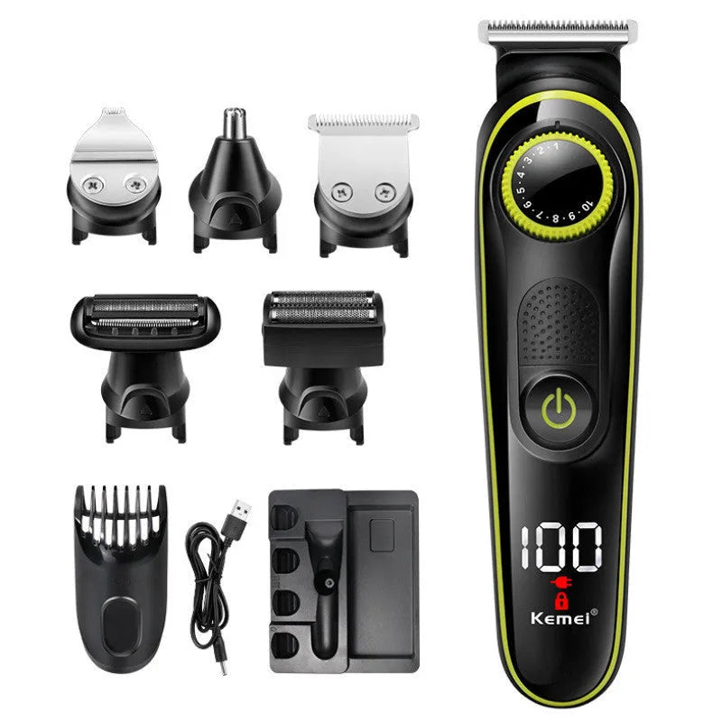 Black KM-696 rechargeable electric hair clipper kit with stainless steel blades on a stand