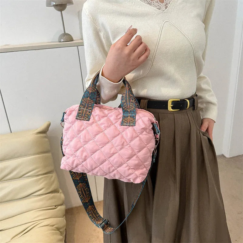 Oxford cloth shoulder messenger bag in horizontal square shape with sandwich pocket and phone compartment