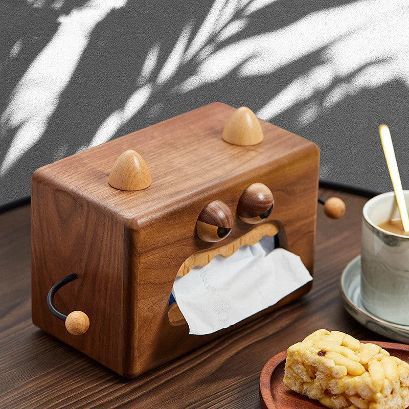 Cartoon little monster design wooden tissue box in walnut beech colour.