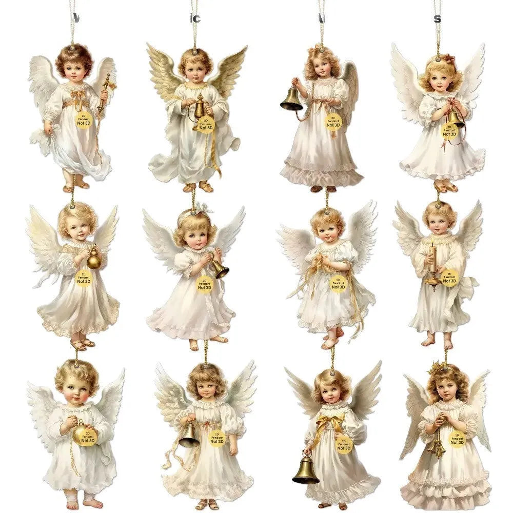 12-piece Victoria Angel wooden ornaments set in natural wood colour, density plate pendants for Christmas and party decoration