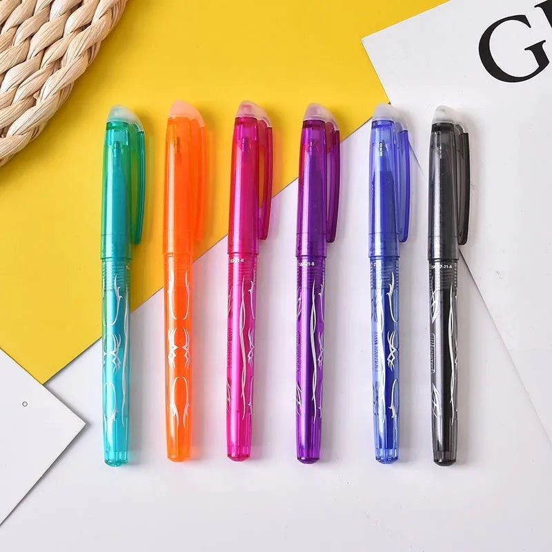 Pack of hot-erasable gel pens with plastic shells and stainless steel tips, showing 0.5mm and 0.7mm nib options.