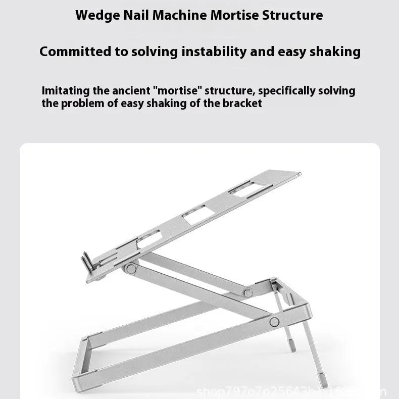 Aluminium alloy folding notebook cooling rack showing size and lift height.