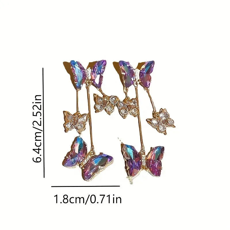 Silver needle crystal flowers butterfly tassel earrings with blue purple electroplated alloy design
