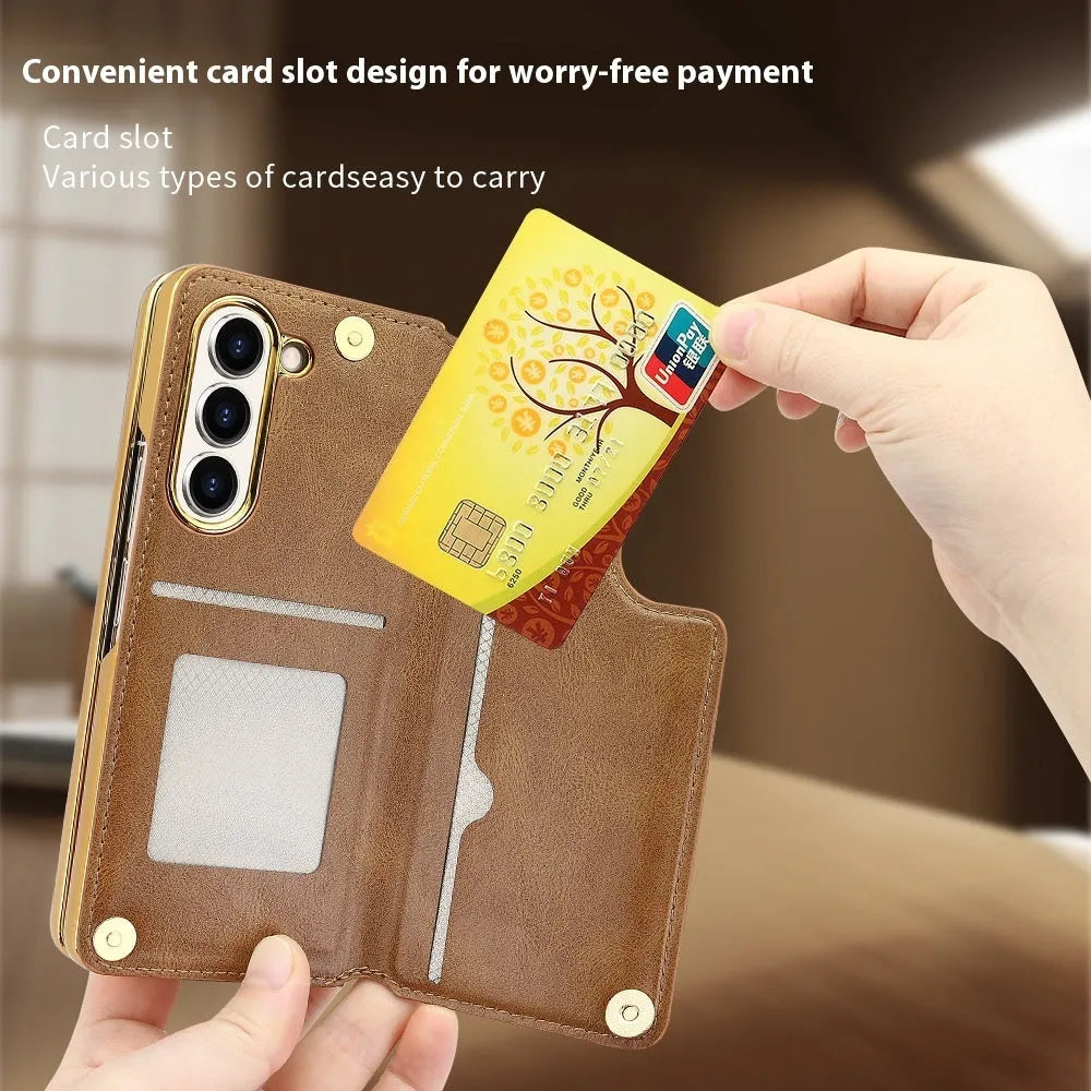 Samsung Z Fold PU phone case with folding bracket, pen slot and electroplated finish in black, brown, green or red