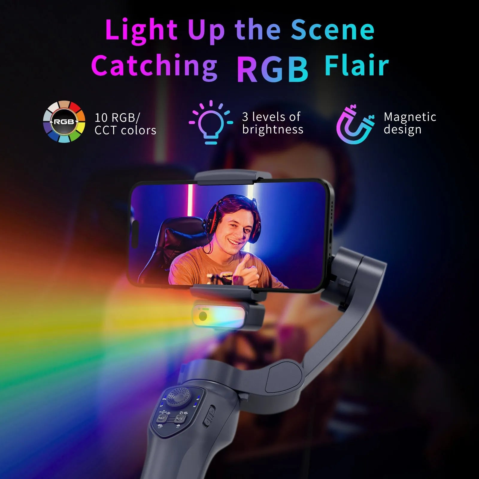 Foldable handheld camera stabiliser in gun colour with USB charging port