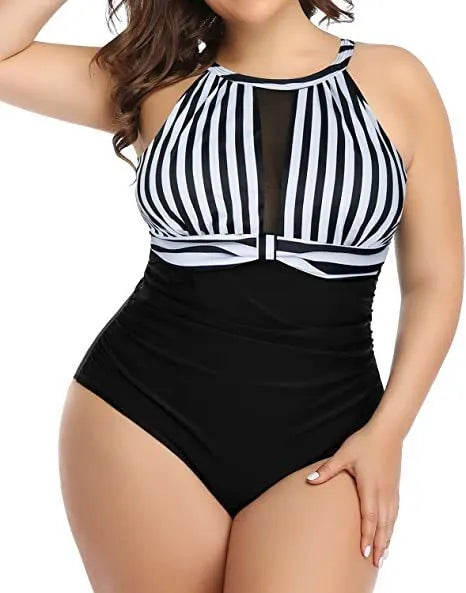 Women's black one-piece swimsuit with red flower pattern, plus size swimwear
