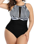 Women's black one-piece swimsuit with red flower pattern, plus size swimwear