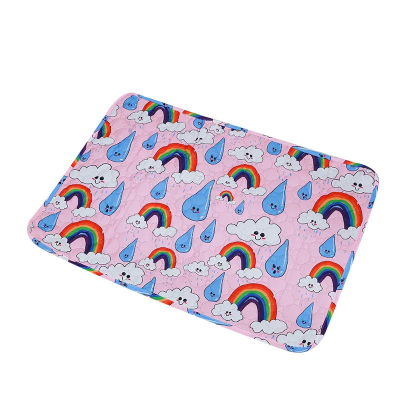 Washable waterproof pet urine pad in animal world pattern showing cloth surface and non-slip backing