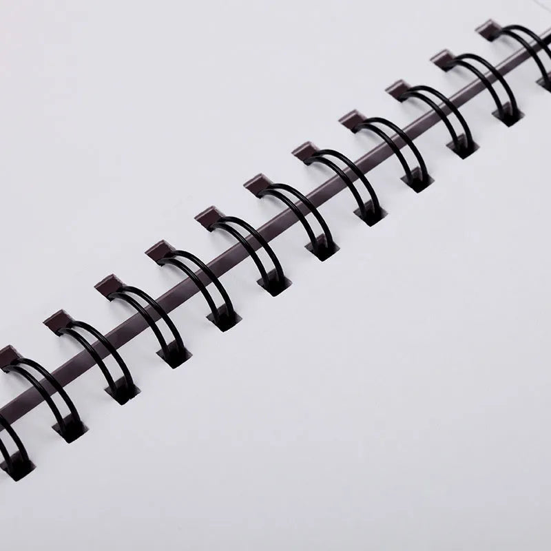 A4 sketchbook with spiral coil binding and white paper, shown open.