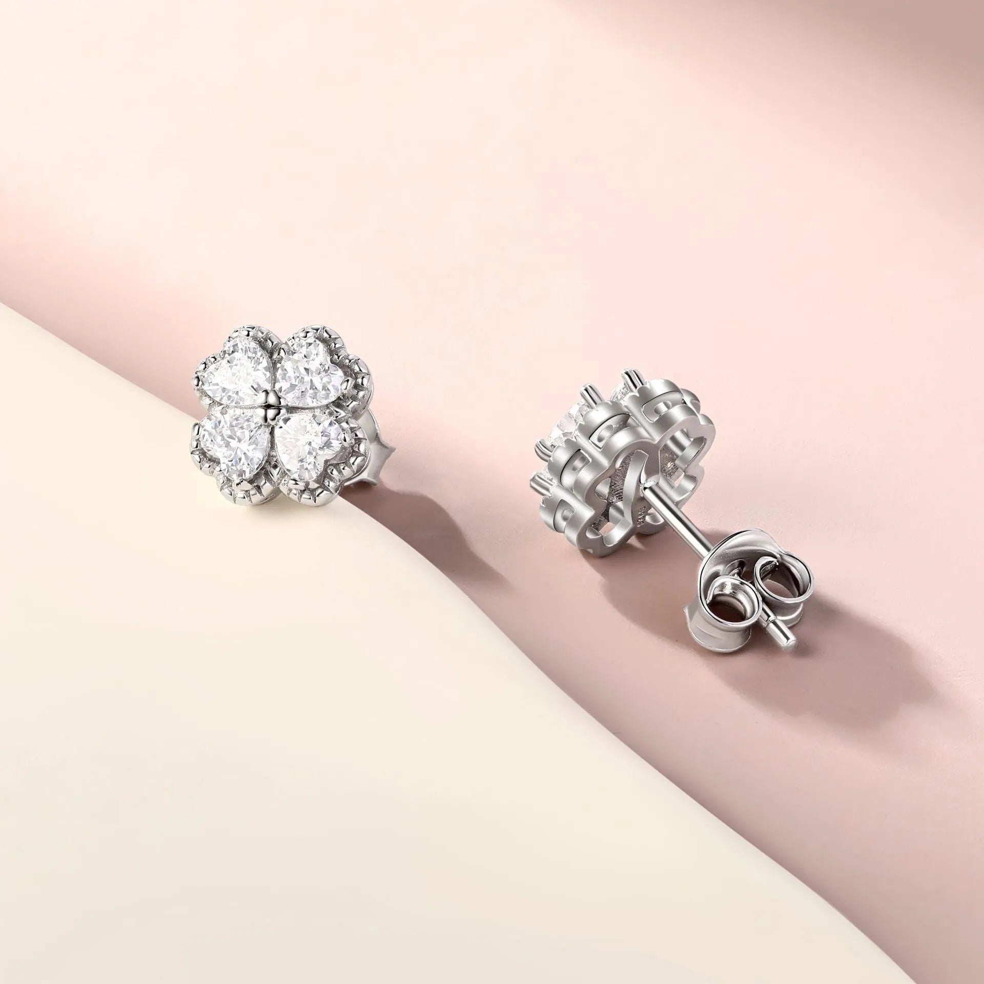 925 silver zircon four-leaf clover heart earrings white gold colour women's jewellery