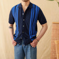 Striped cotton knitted cardigan polo shirt with short sleeves and lapel collar