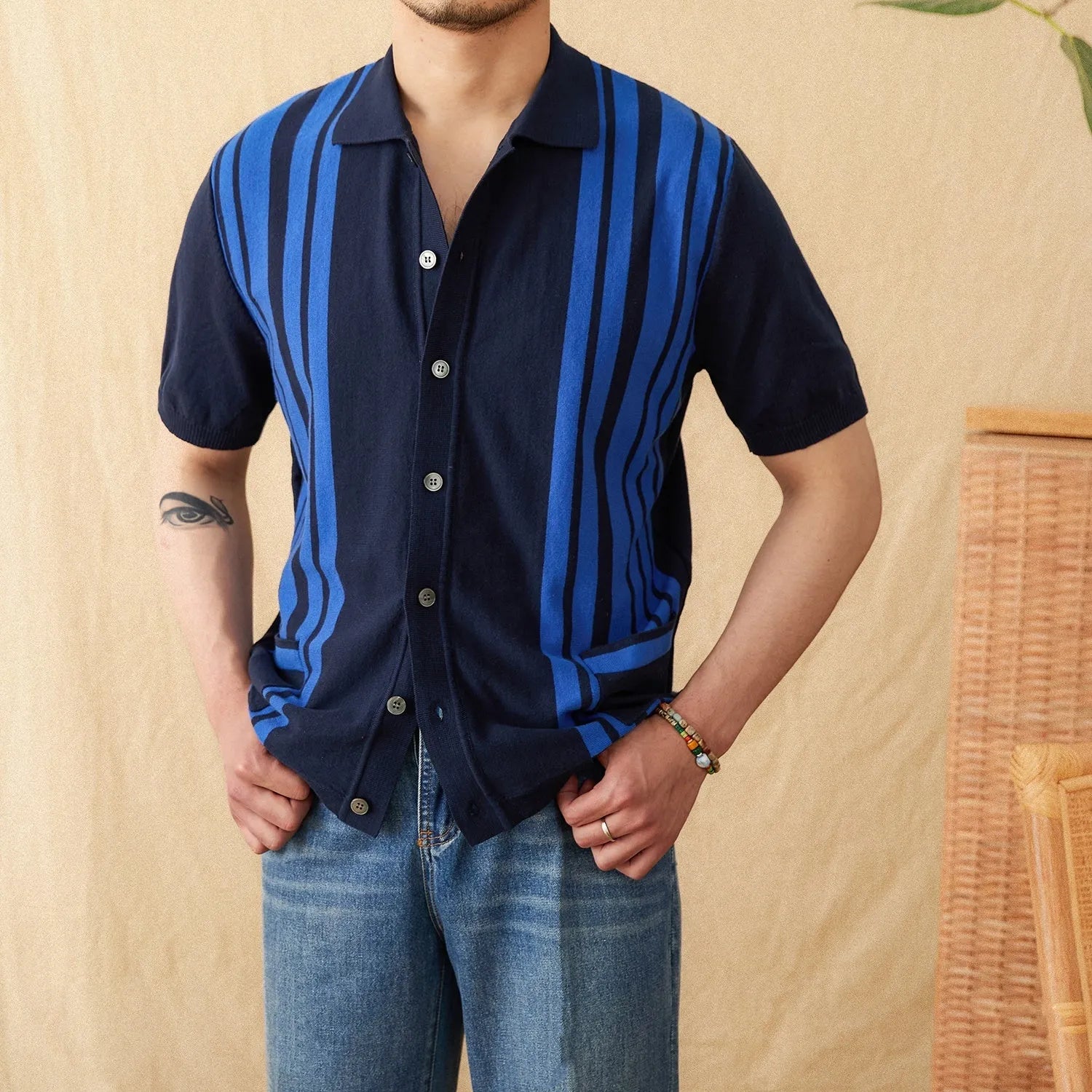Striped cotton knitted cardigan polo shirt with short sleeves and lapel collar