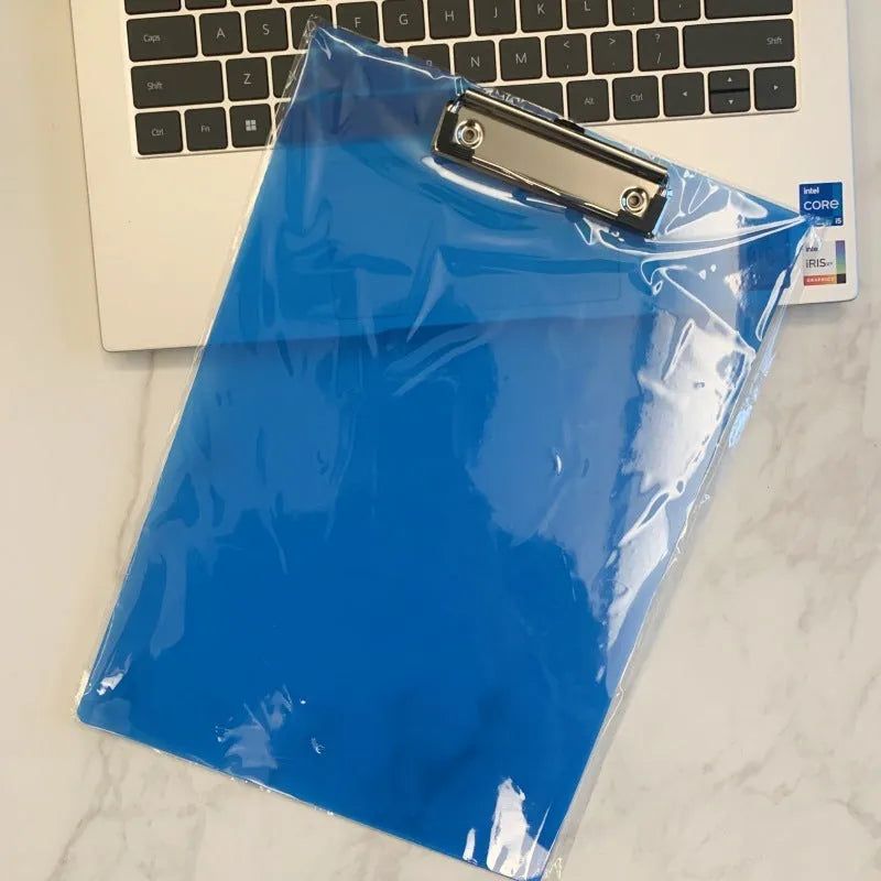 Transparent A4 plate holder with metal clip, shown in blue, acting as a writing board and document folder.