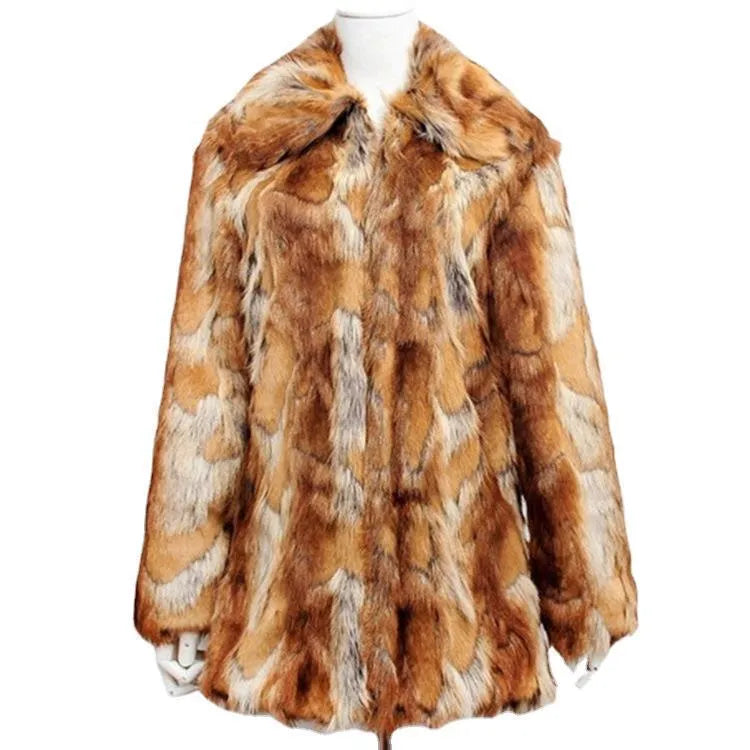 Women's faux fur jacket with black and orange tiger print pattern, medium length street fashion coat.