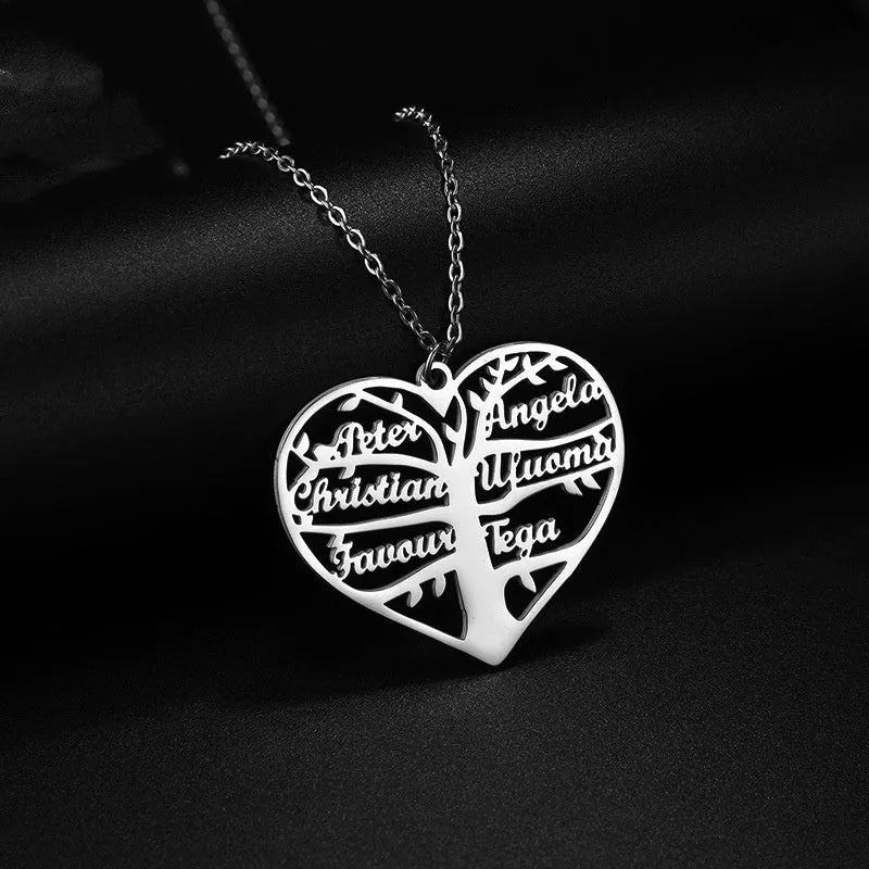 Custom stainless steel necklace with hollow heart and lucky tree pendant, shown in silver, gold, and rose gold finishes.