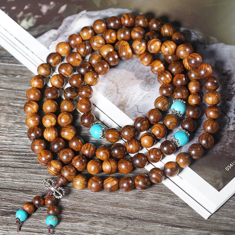 Handmade geometric stone bead bracelet with 108 Lvzhu beads measuring 5-6mm diameter