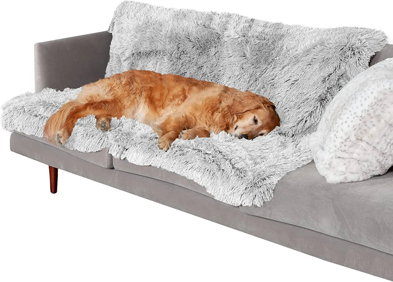 Plush waterproof dog cushion in dark grey, showing double layer thickened design for pet bedding.