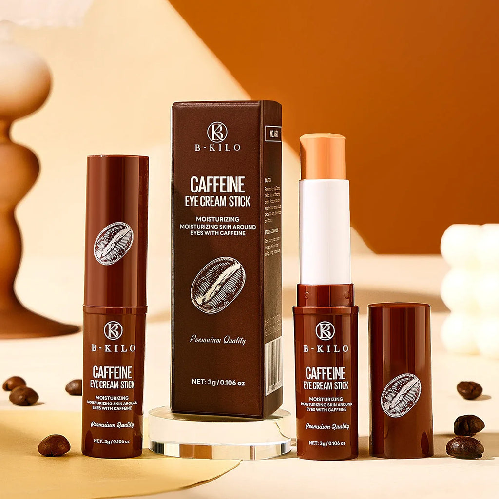 Caffeine eye cream stick in twist-up packaging, 3g net content.