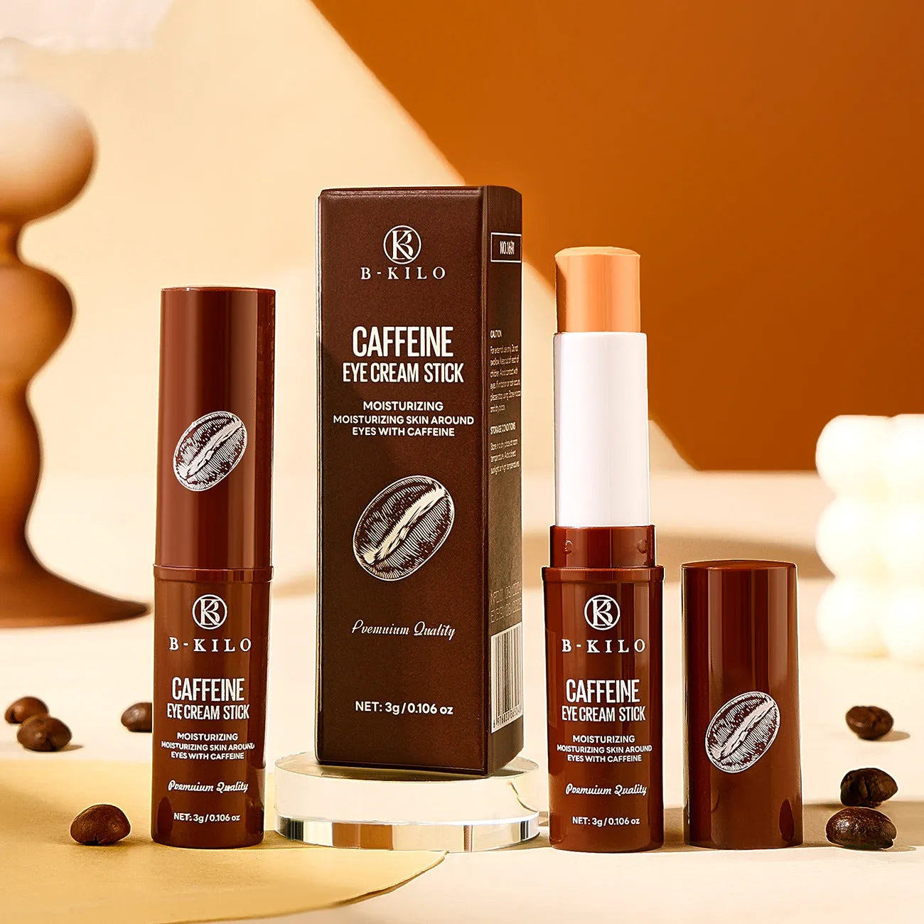 Caffeine eye cream stick in twist-up packaging, 3g net content.
