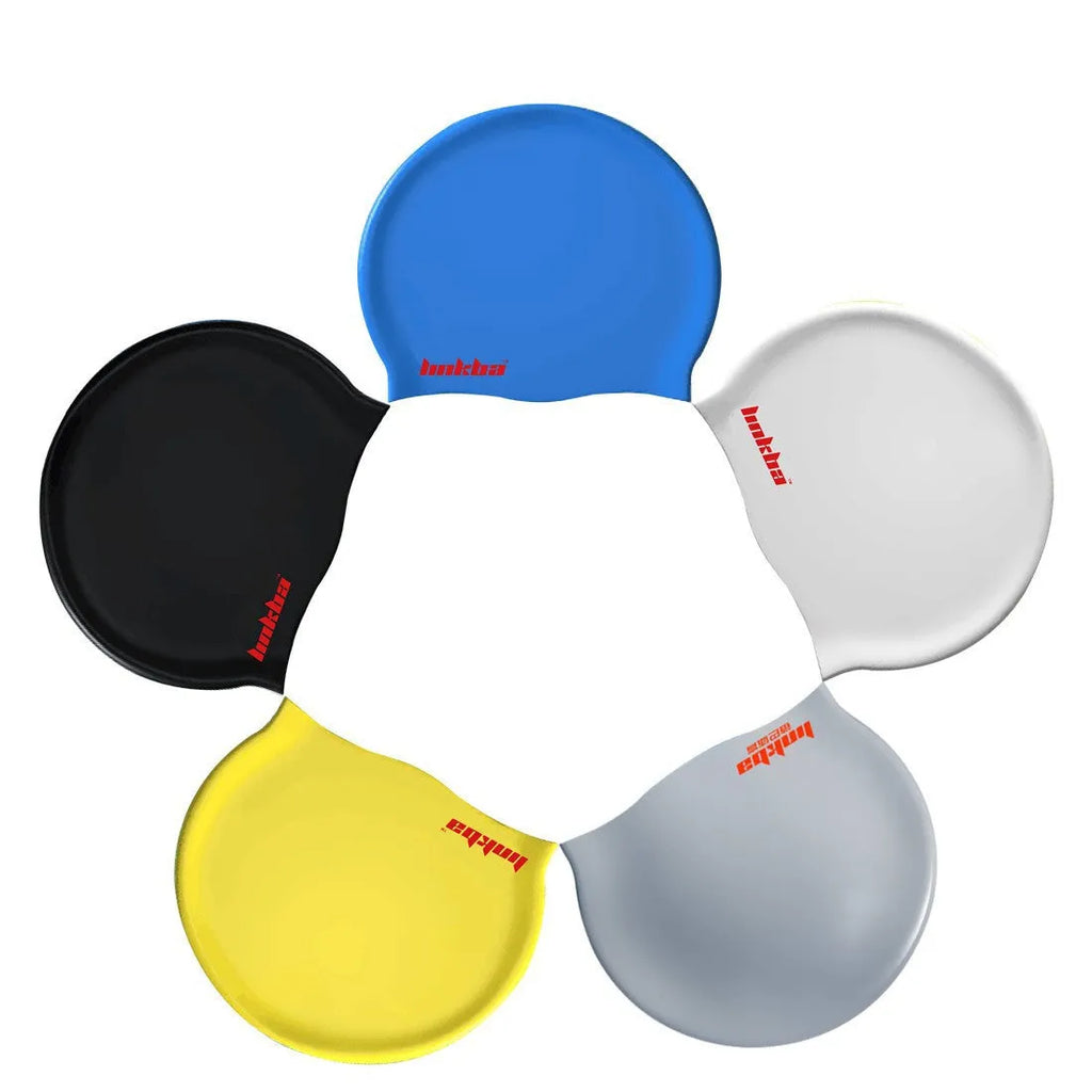 Adult silicone swimming cap with letter pattern in black, shown alongside blue, grey, white, and yellow colour options.