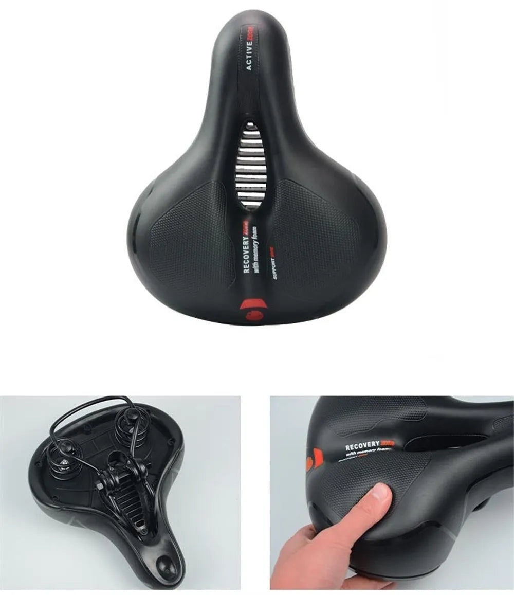 Bicycle cushion saddle with silicone padding and waterproof cover alongside wrench and tire patch accessories