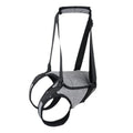 Grey neoprene dog rear leg recovery support belt with adjustable waist and thigh straps.