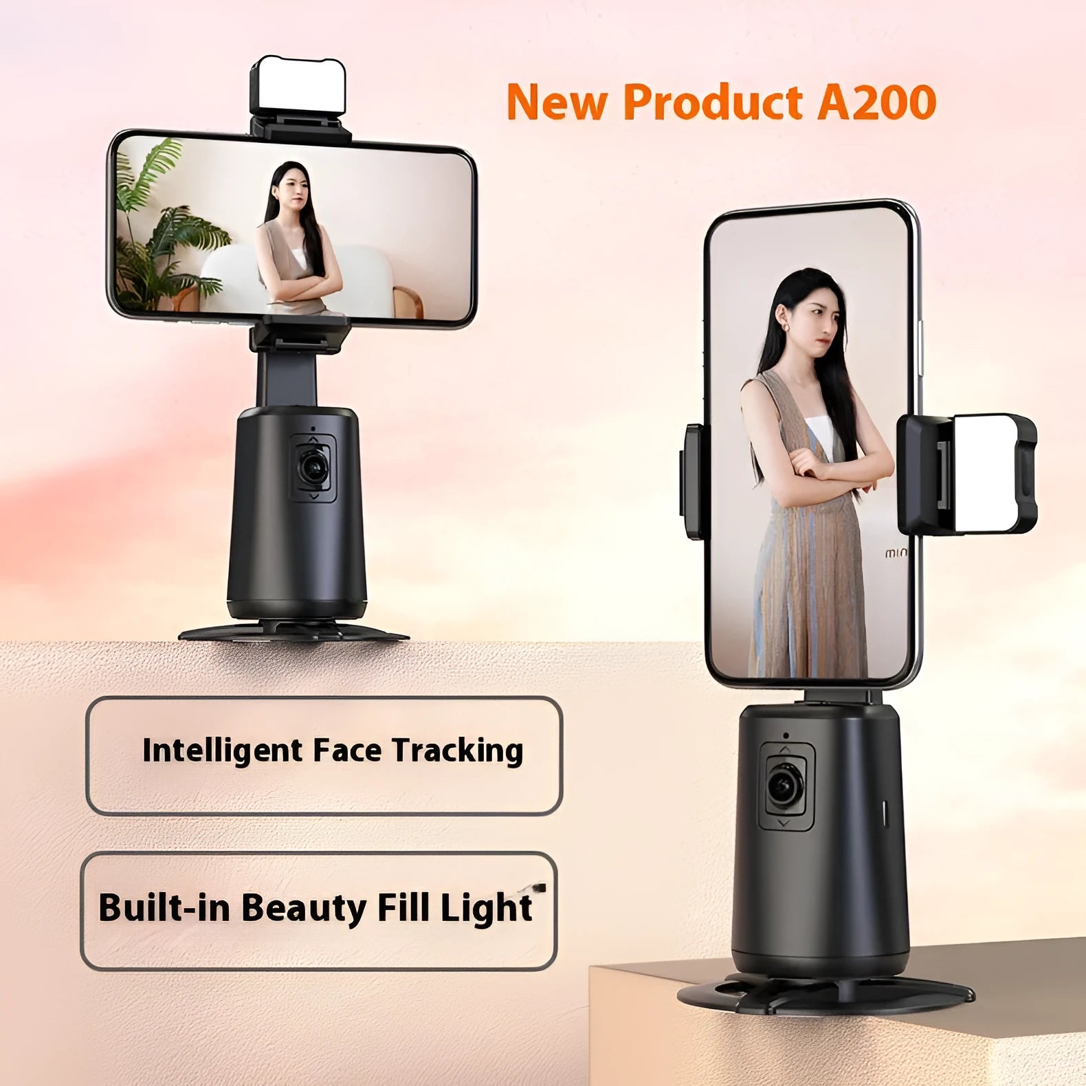 Black smartphone desktop bracket with face tracking camera rotation and ribbon lights
