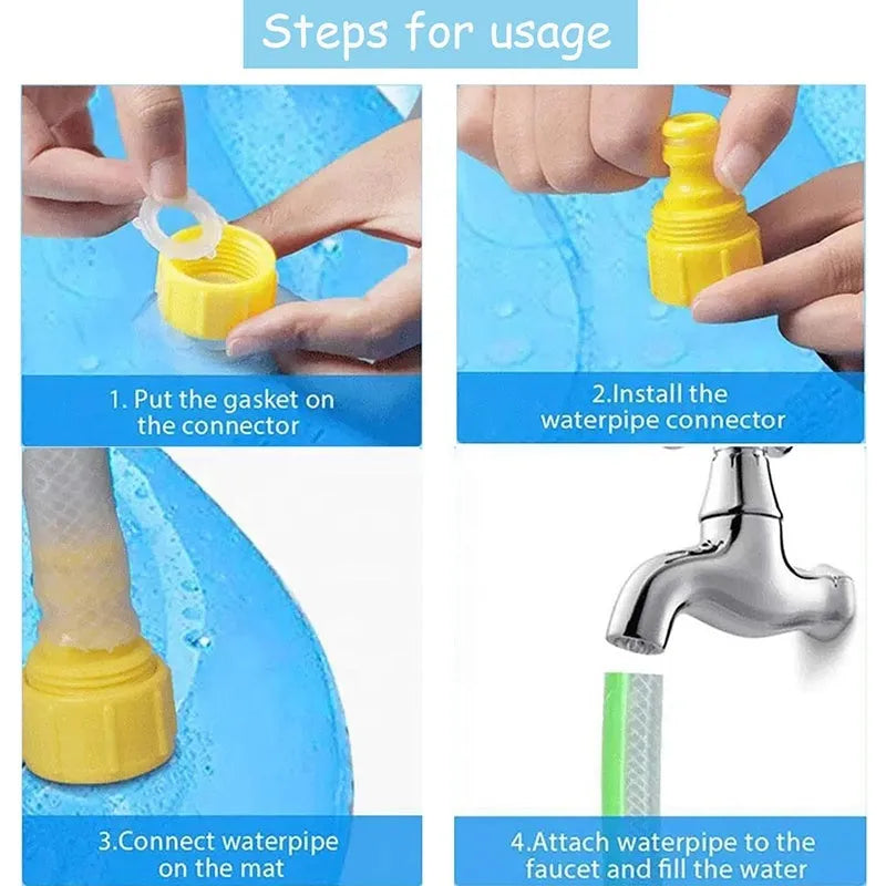 Large blue PVC dog splash pad with anti-slip texture for outdoor water play.