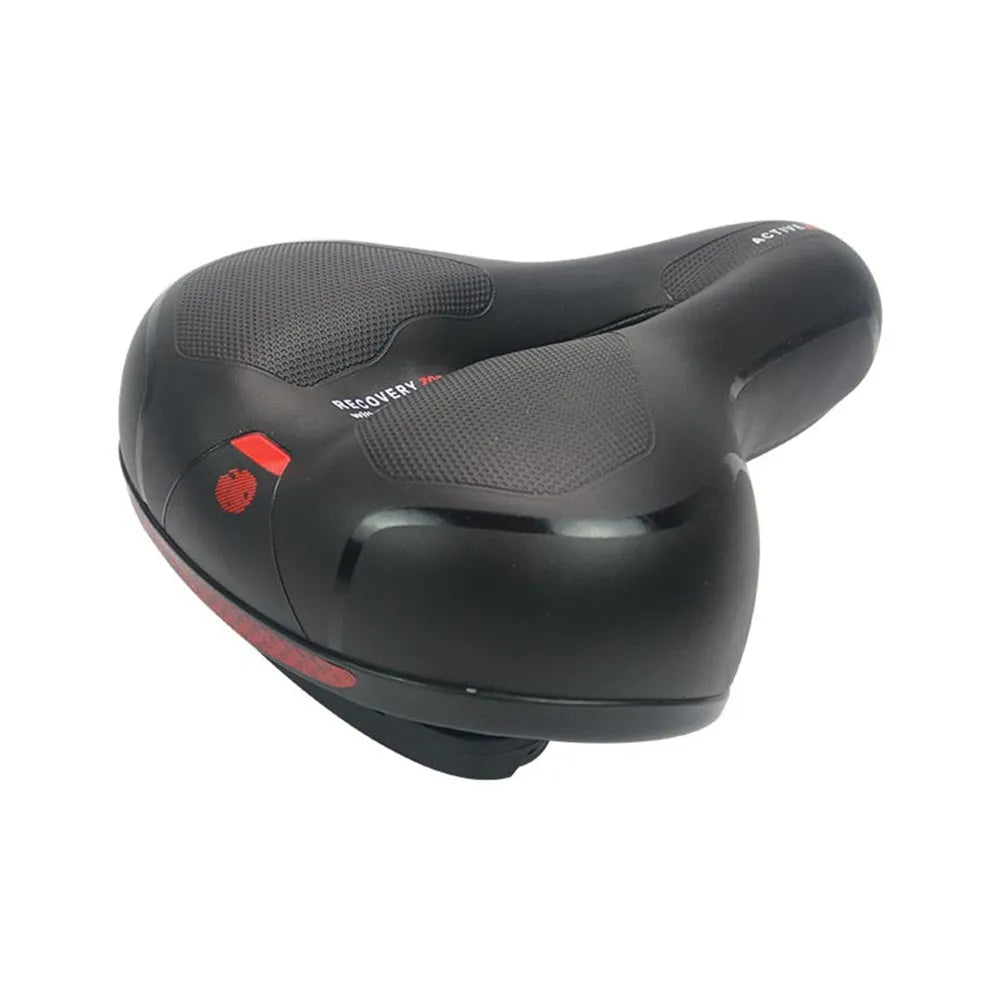 Bicycle cushion saddle with silicone padding and waterproof cover alongside wrench and tire patch accessories