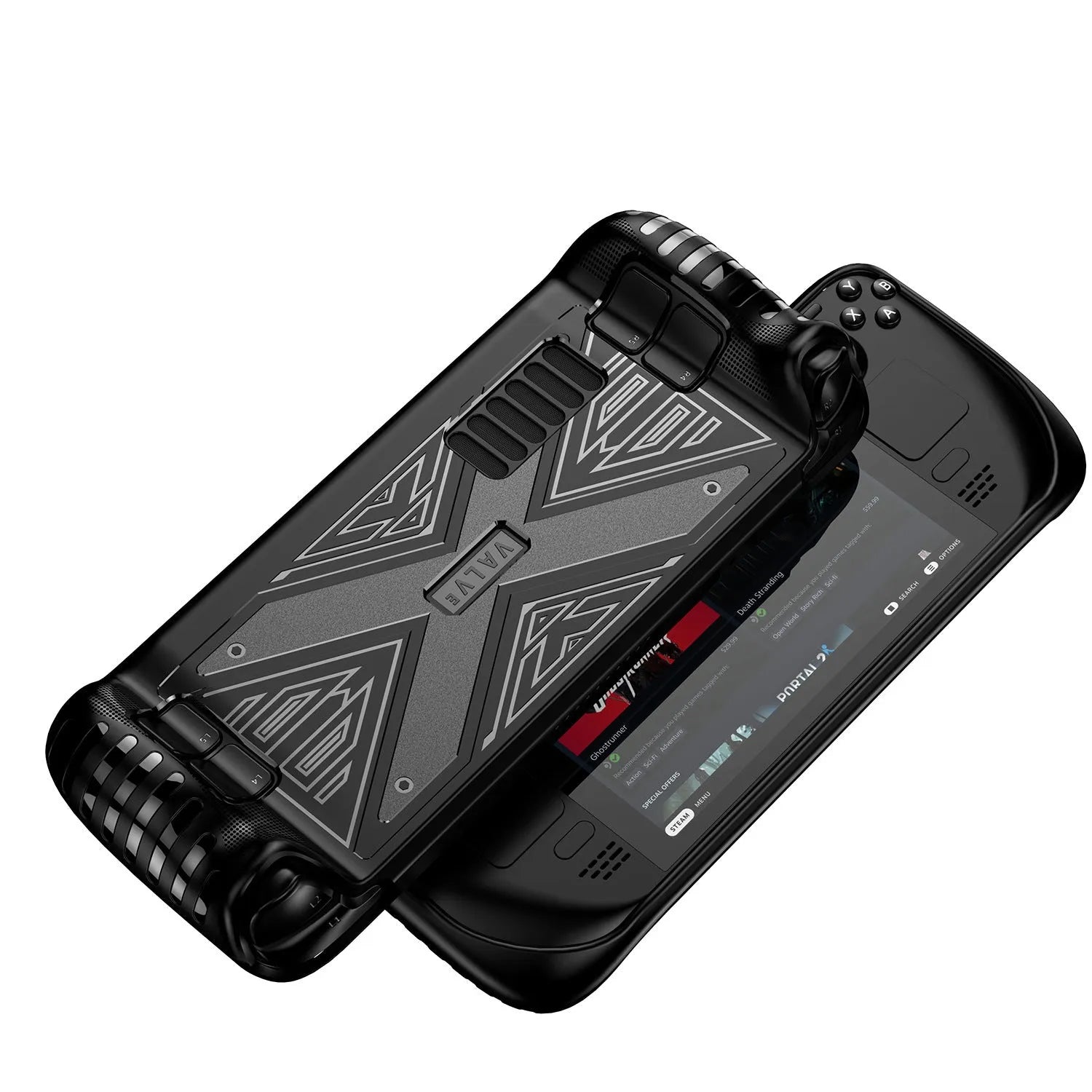 Red silicone protective case for Steam Deck handheld gaming console on a grey background.