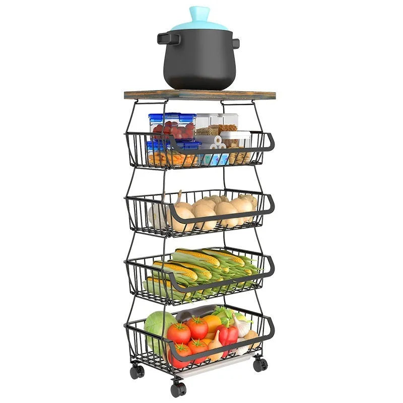 Black six layer kitchen shelf floor trolley with carbon steel construction and foldable design