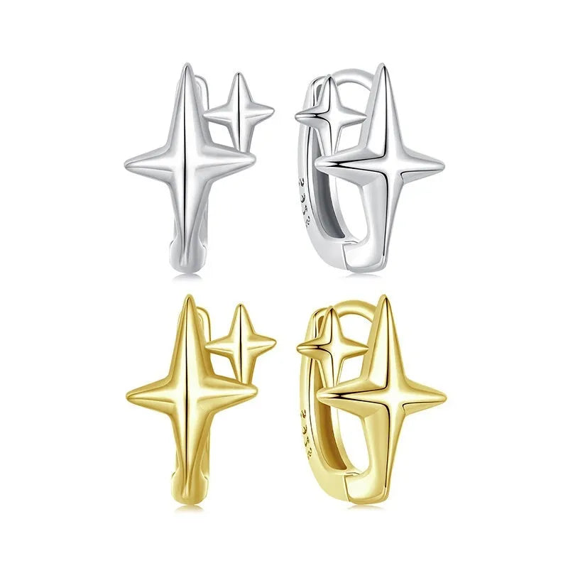 Minimalist silver star clip earrings with geometric design and oxidised finish
