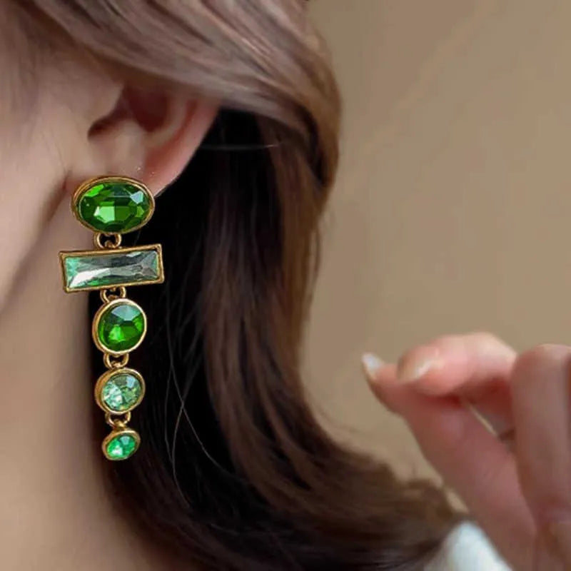 A pair of green gradient geometric Chinese style alloy earrings with inlaid zircon stones.