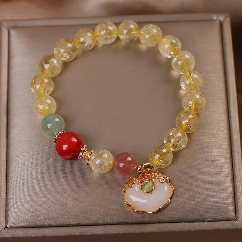 Women's natural citrine jade ruyi pendant bracelet with yellow hair crystal and alloy chain