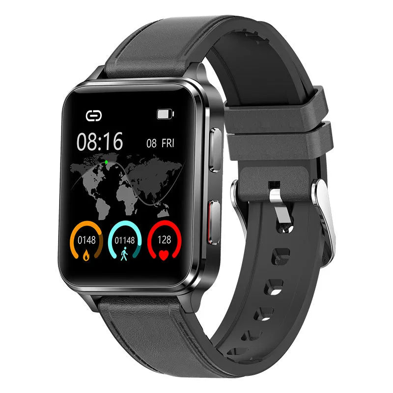 Multi-sport watch with 1.70 inch tempered glass screen and silicone strap in blue, black, red or leather options