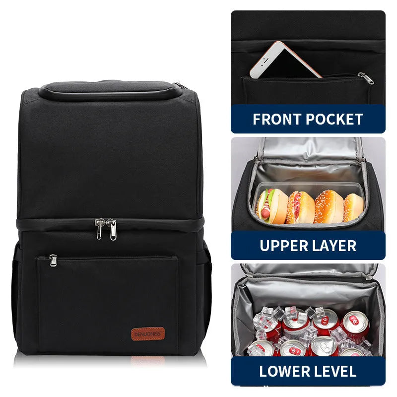 Double layer insulated picnic backpack in blue with ice pack compartments and 22-litre capacity