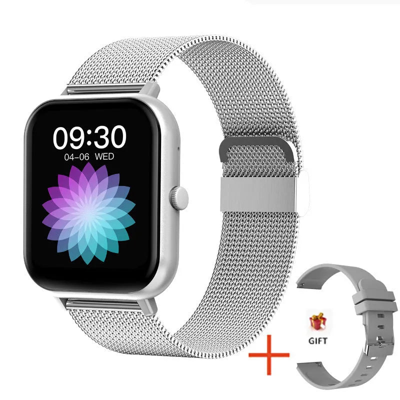 Smart watch with AMOLED screen showing health metrics and call function