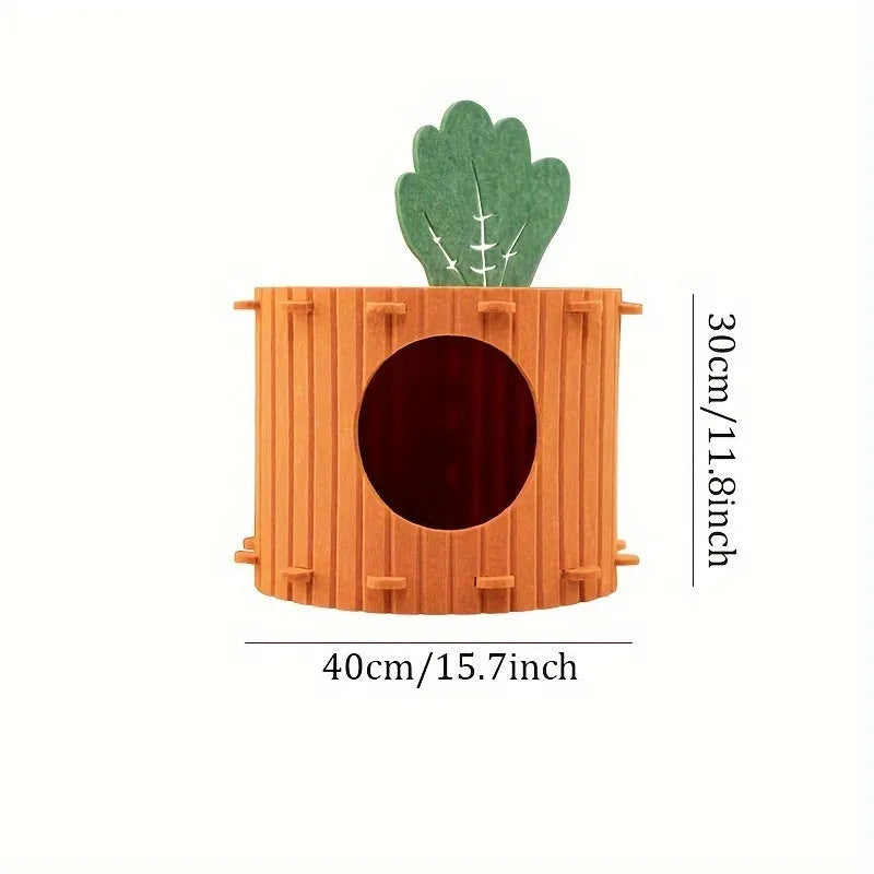 Orange felt carrot-shaped cat nest tunnel with a circular entrance hole, shown in two size options.
