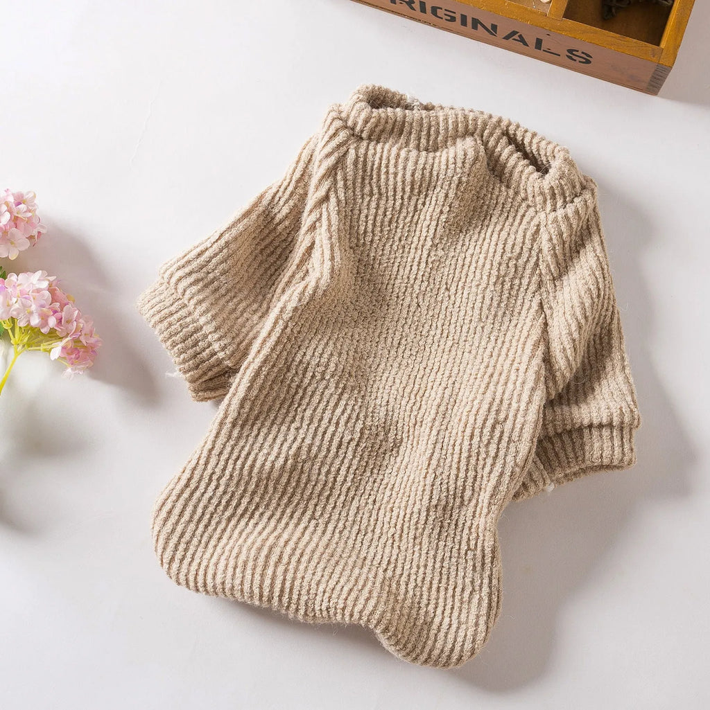 Brown cloth pullover sweater on small dog showing casual style and size fit