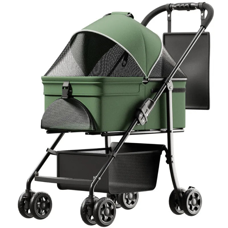 Black metal folding pet cart with detachable design and large capacity interior