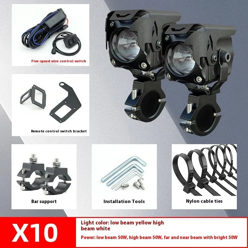 Motorcycle LED spotlight kit with integrated tangent lens, wireless remote control, and mounting brackets