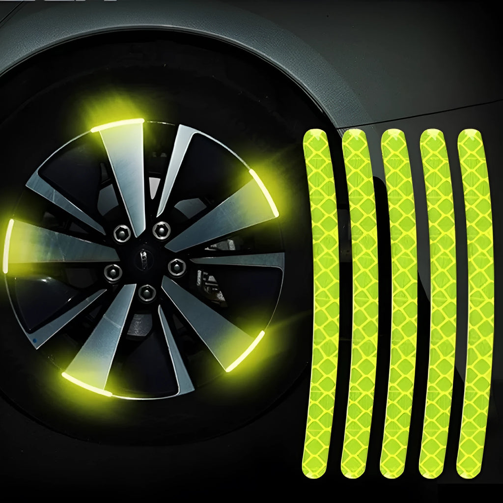 Pack of 20 self-adhesive fluorescent and luminous reflective stickers for car wheel hubs and tyre rims.
