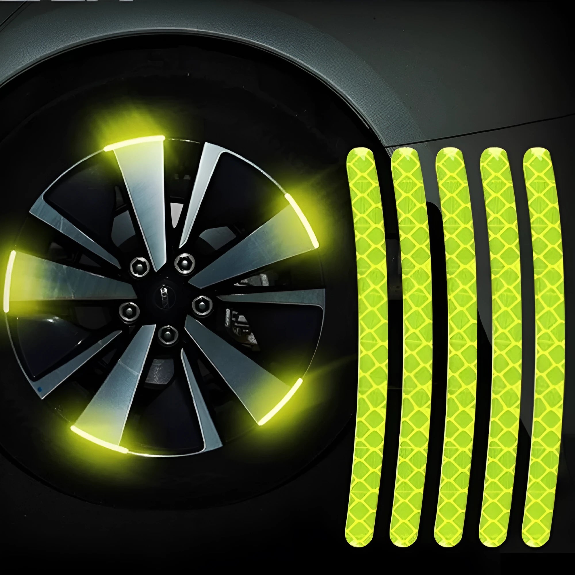 Pack of 20 self-adhesive fluorescent and luminous reflective stickers for car wheel hubs and tyre rims.