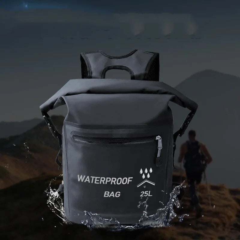Black 25-litre waterproof backpack for swimming, river tracing and rafting