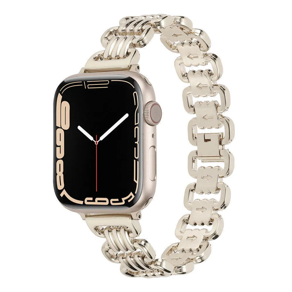 Alloy metal watch bracelet for Apple Watch in silver, black, gold, rose gold, and starlight colours on a white background