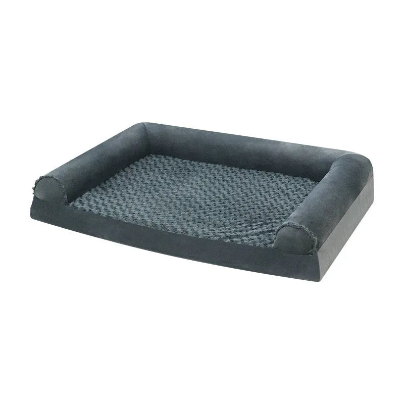 Grey cloth dog kennel for medium to large dogs showing three size options for indoor pet use