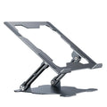 Grey aluminium laptop stand with adjustable angle and foldable design for 15-inch notebooks
