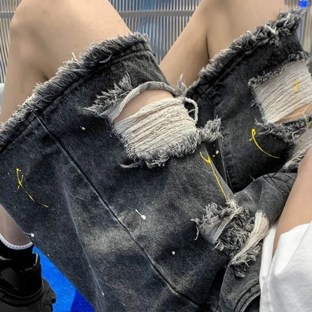 Men's water washed denim shorts with hole distressing in loose street style fit