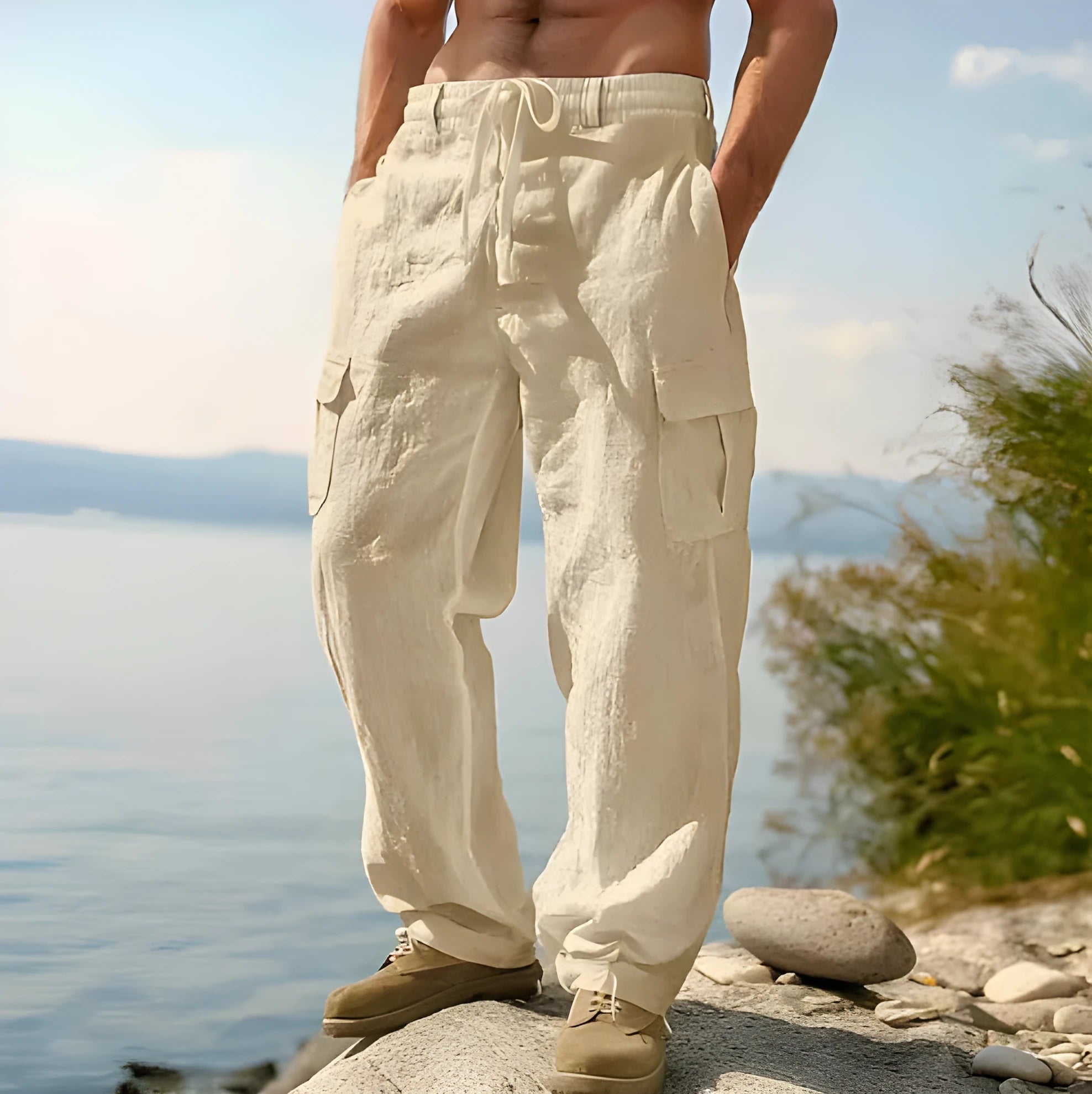 Men's cotton wide-leg casual trousers in light army green colour showing loose fit and mid waist design